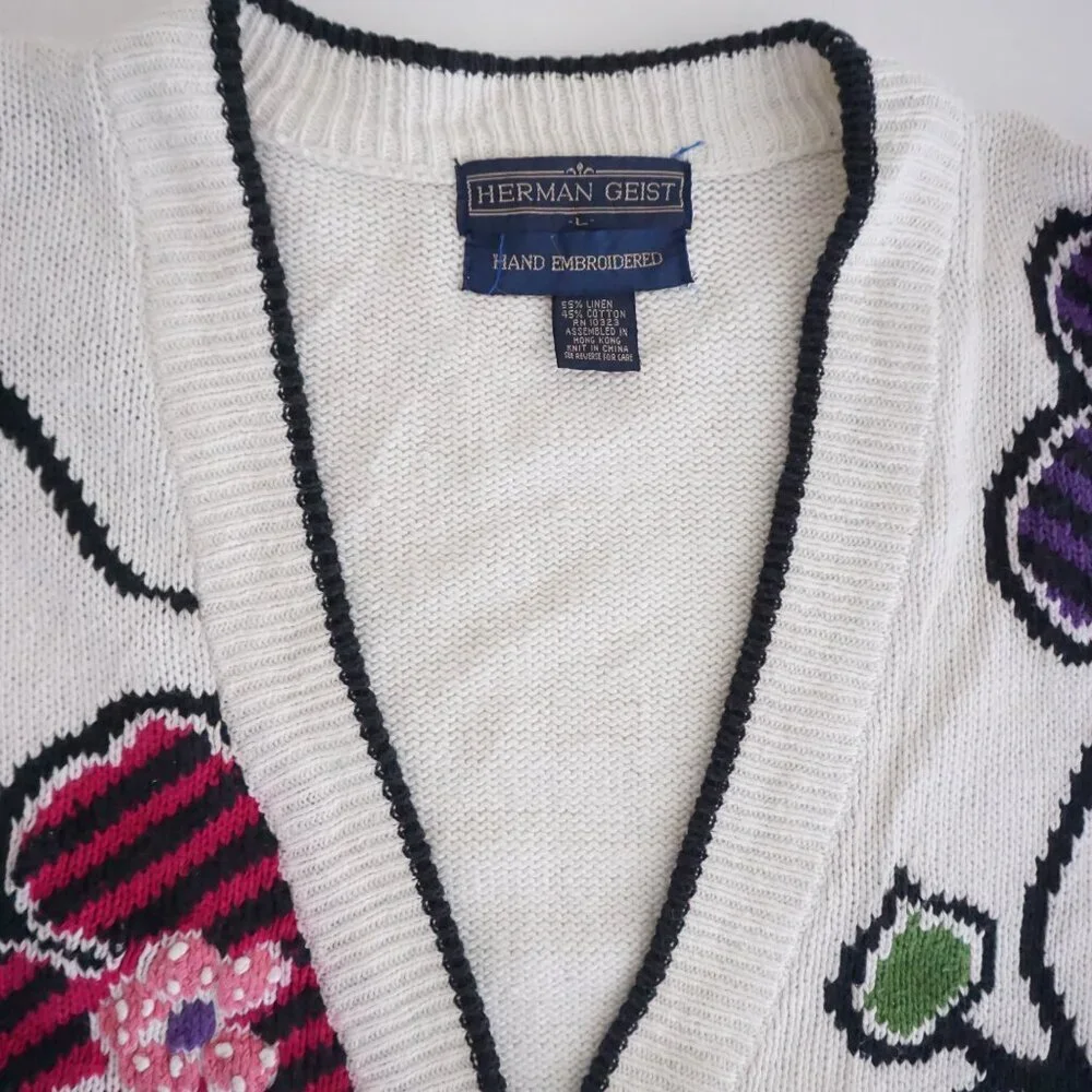 Vintage Herman Geist White Cotton Cardigan Floral Embroidered Grandmacore M - Picture 11 of 11
